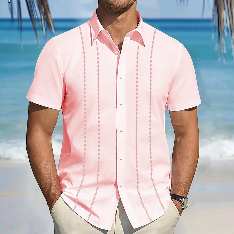 Men's Geometric Shirt Guayabera Shirt Button Up Shirt Short Sleeve Fashion Casual Vacation Dailywear Beach Wear Summer Spring Turndown 3D Print Collared Shirts Black White Pink3
