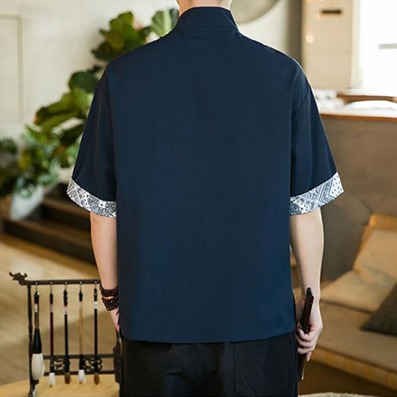 Men's Shirt Linen Shirt Casual Shirt Button Up Shirt Cotton Shirt Bandana Print Vacation Hawaiian Red Navy Blue Khaki Half Sleeve Band Collar Summer Spring Clothing Apparel Patchwork3