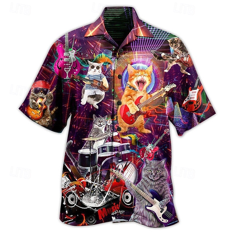 Men's Cat Guitar Shirt Summer Hawaiian Shirt Aloha Shirt Short Sleeve Shirt Turndown Tropical Fashion Hawaiian Casual Hawaiian Holiday Yellow Blue Light Purple S M L3