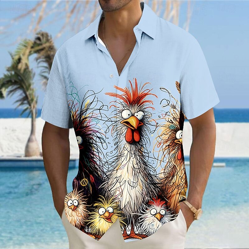 Men's Animal Chick Funny Shirt Button Up Shirt Short Sleeve Fashion Casual Vacation Holiday Streetwear Summer Turndown 3D Print Collared Shirts Front One Pocket Black White Yellow Blue Purple3