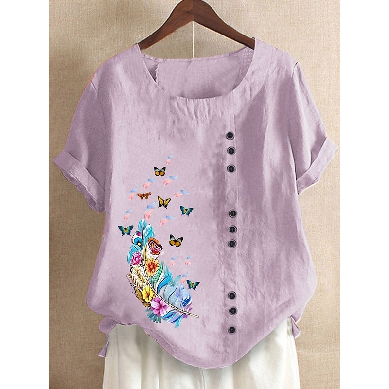 Women's 100% Cotton Blouse Graphic Butterfly Vintage Casual Short Sleeve Crew Neck Regular Tops Daily Going out Buttons Print Maroon White Pink Purple Summer Spring