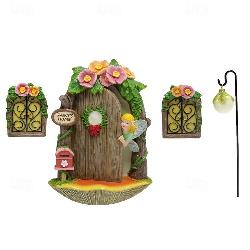 Fairy Door and Windows for Tree, 4 pcs, Glow in the Dark Fairy Garden Miniature Accessories for Tree Stump Decor, Resin Fairy House Kit with Fairy Lantern for Gnome, Outdoor Yard, Lawn, Garden Decor4
