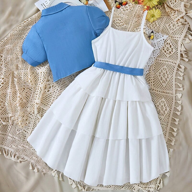 2 Pieces Kids Girls' Solid Color Dress Suits Set Sleeveless Fashion School 7-13 Years Summer White2
