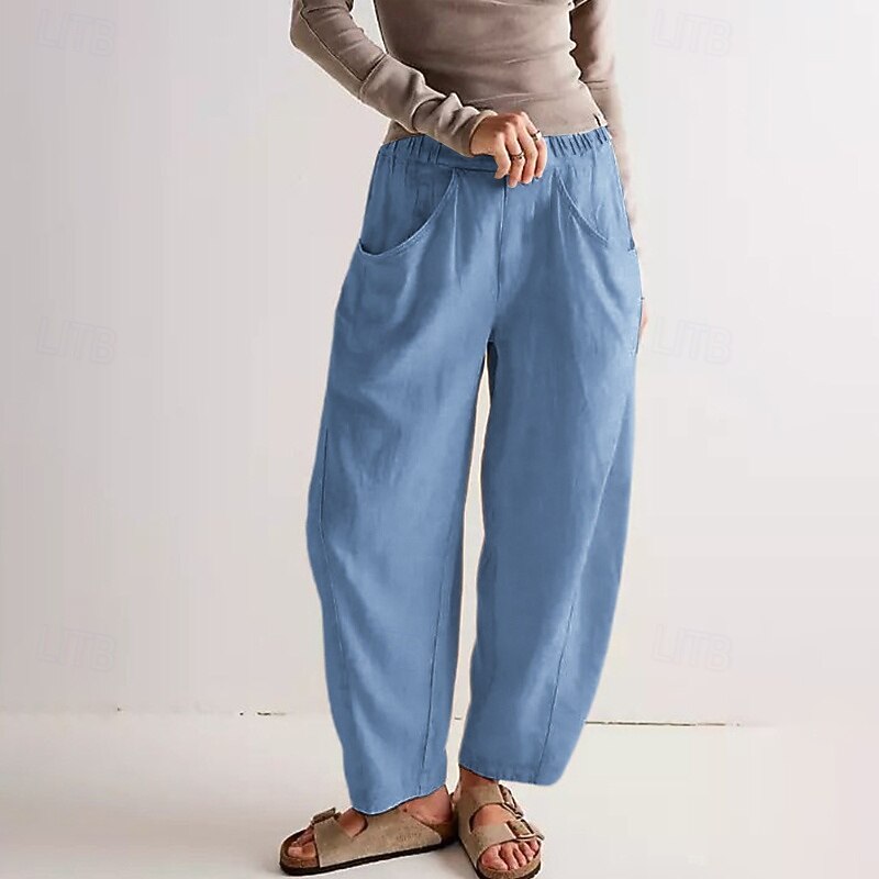 Women's Cotton Linen Pants Slacks Streetwear Casual Full Length Natural Plain Pocket Elastic Waist Comfy Comfortable Street Daily Wear Depression Green Light Sky Blue Grey Black Summer Regular Fit2