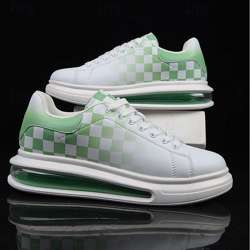 Trendy Men's White and Green Plaid Sneakers with Cushioned Sole - Stylish Spring and Summer Casual Shoes4