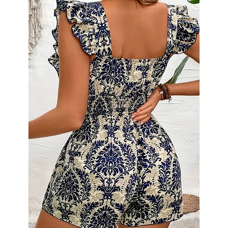 Women's Normal Romper Holiday Graphic Sleeveless Square Neck Ruffle Print Street Daily Regular Fit Wine Navy Blue Brown Summer3