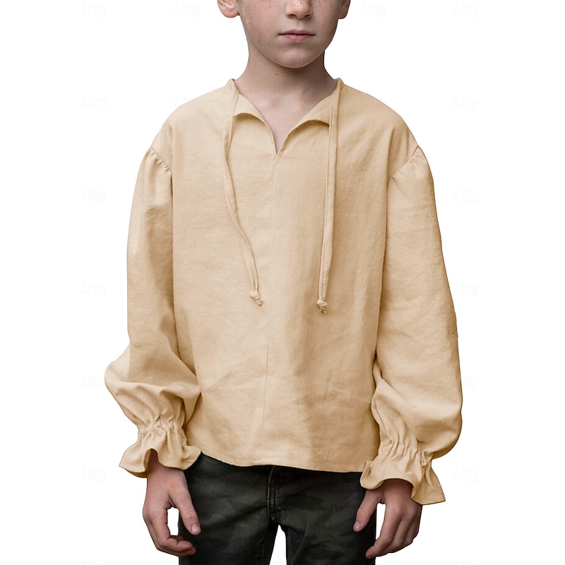 Retro Vintage Medieval Renaissance Shirt Pirate Viking Lace up Solid Color Fancy Dress Boys' Pirate Halloween Carnival Children's Day Vacation Casual Daily LARP Kid's Shirt Spring & Summer3