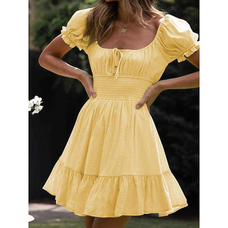 Retro Vintage Medieval Renaissance Mini Dress Flare Dress Elven Regency Inspired Solid Color Fancy Dress Women's Fantasy Wedding Vacation Casual Daily Adults' Dress Spring & Summer4