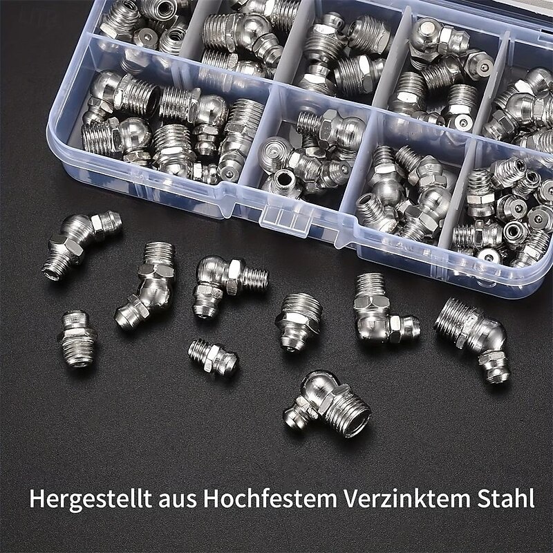 60-Piece Premium Metric Grease Nipple Zerk Fitting Kit - Complete Assortment of M6 M8 M10 Sizes with 180 45 90 Angles for Efficient Grease Gun Lubrication - Durable Metal Construction Polished2