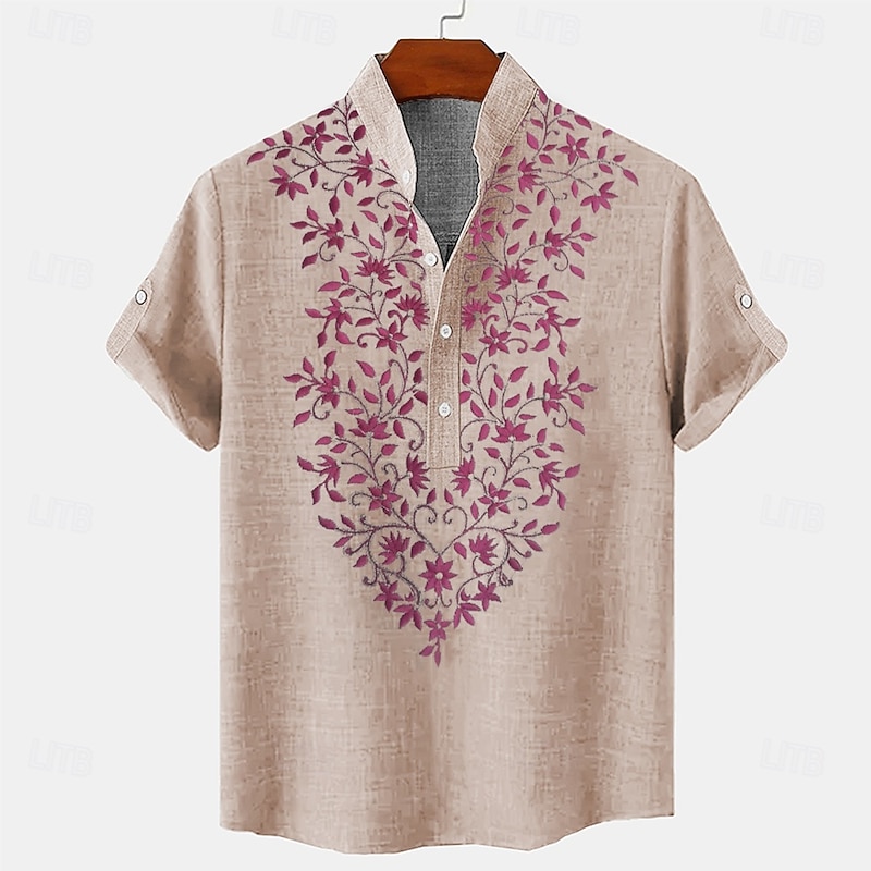 Men's Ethnic Linen Shirt Summer Shirt Short Sleeve Casual Tribal Vacation Daily Summer Spring Mandarin Collar Print Blue Khaki Gray3