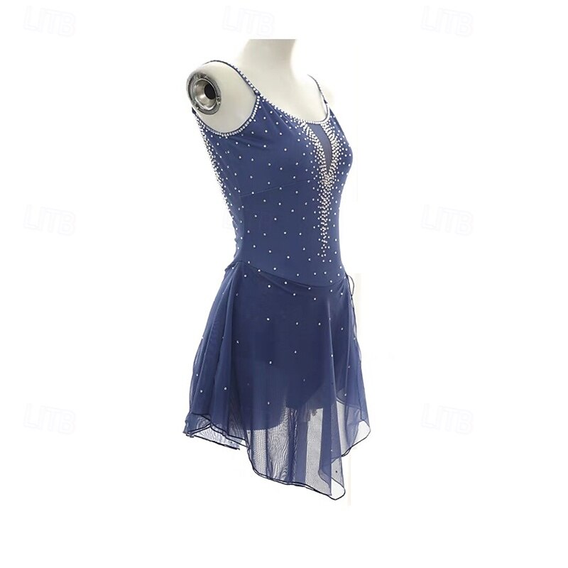 Figure Skating Dress Women's Girls' Ice Skating Dress Dark Navy Patchwork Open Back Mesh Spandex Stretchy Training Practice Professional Skating Wear Thermal Warm Crystal / Rhinestone Sleeveless Ice3