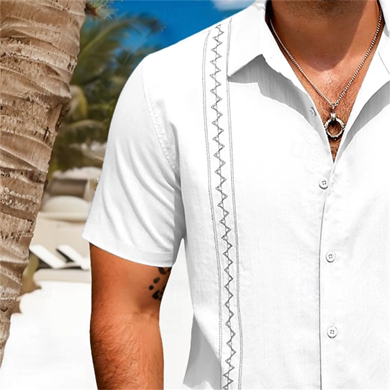 Men's Shirt Linen Shirt Guayabera Shirt Summer Shirt Beach Shirt Vacation Casual White Green Light Blue Short Sleeve Collar Summer Spring Clothing Apparel4