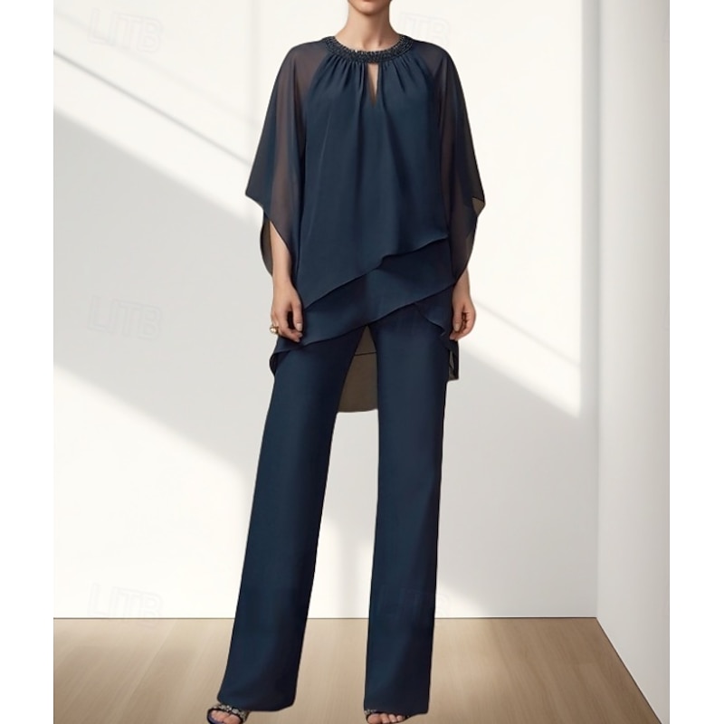 Two Piece Pantsuit Mother of the Bride Dress Wedding Guest Elegant Crew Neck Floor Length Chiffon 3/4 Length Sleeve with Beading Ruching3