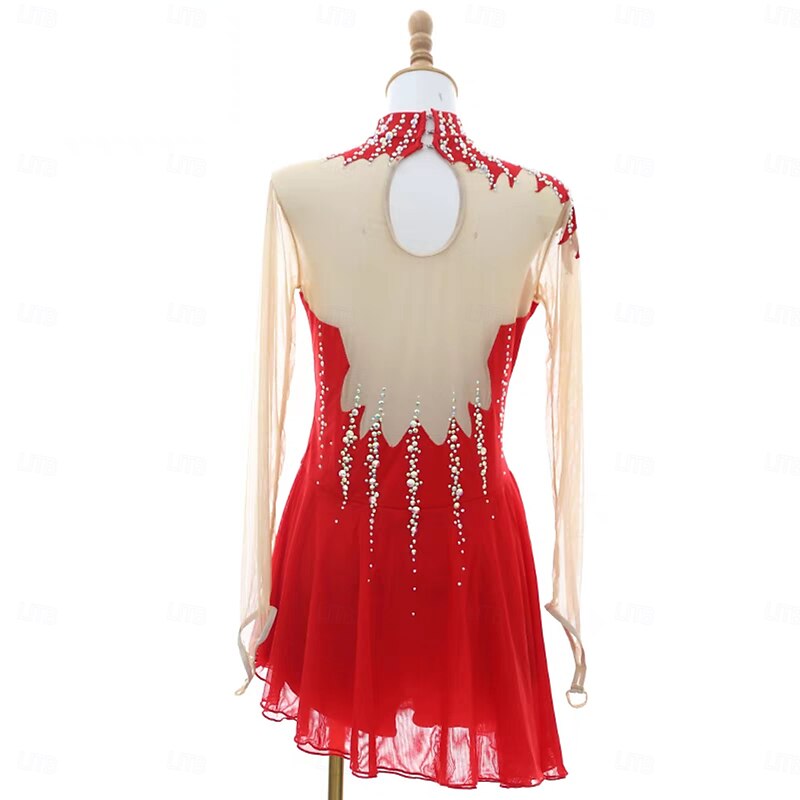 Figure Skating Dress Women's Girls' Ice Skating Dress Black Red Thumbhole Asymmetric Hem Mesh Spandex Stretchy Training Practice Professional Skating Wear Thermal Warm Classic Crystal / Rhinestone4