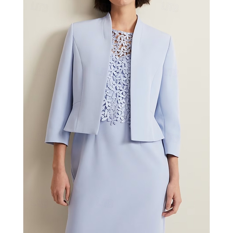 Sheath / Column Mother of the Bride Dress Elegant Simple Crew Neck Tea Length Crepe 3/4 Length Sleeve with Lace Solid Color2