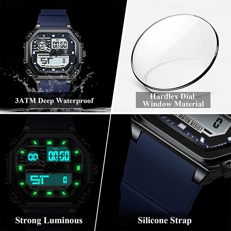 POEDAGAR Square Sports Men Watch Waterproof LED Luminous Week Date Man Wristwatch Silicone Strap Electronic Quartz Men's Watches4