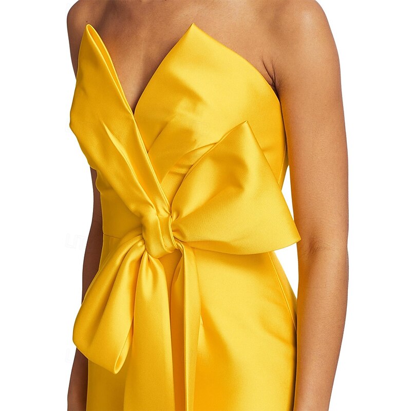 Sheath / Column Cocktail Dresses Wedding Guest Dress Formal Wedding Tea Length Sleeveless V NeckDress Satin with Bow(s)2