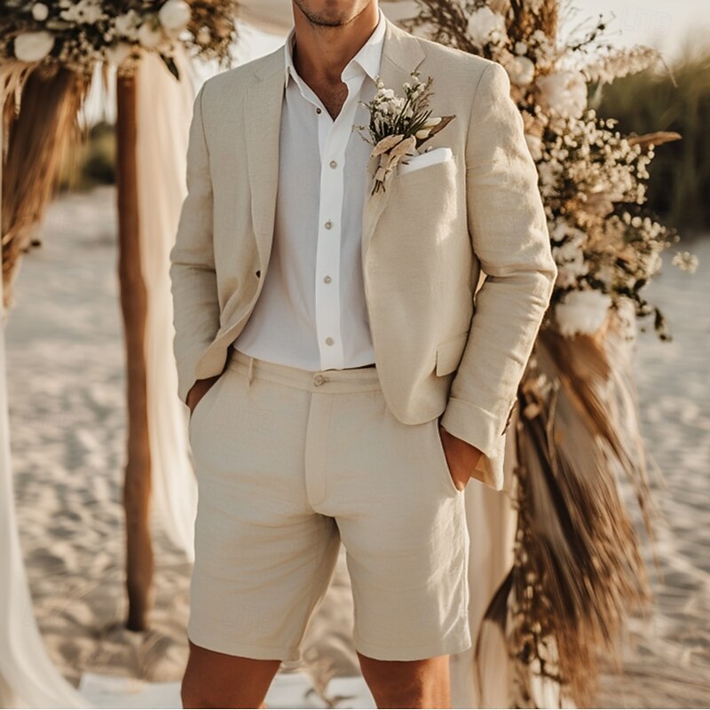 Men's Beach Wedding Linen Suits Notch Lapel Khaki Fashion Solid Colored Standard Fit 2 Piece Single Breasted One-button
