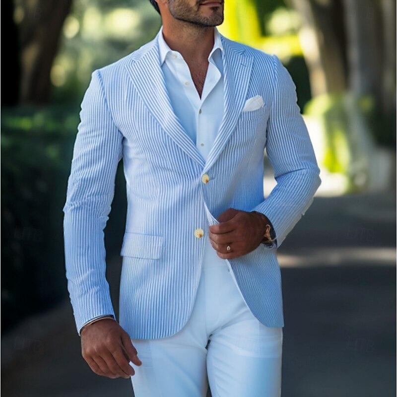Men's Blazer Jacket Sport Coat Notch Collar Fashion Striped Blazer Sky Blue Standard Fit Single Breasted Two-buttons