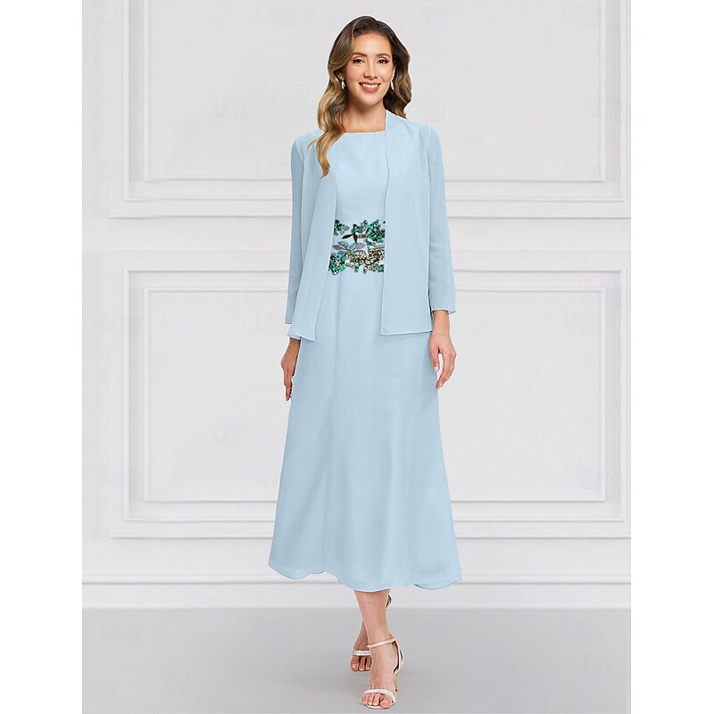Floral Two Piece Dress Sets Mother of the Bride Elegant Vintage Jewel Neck Ankle Length Chiffon Long Sleeve with Lace Embroidery Flower