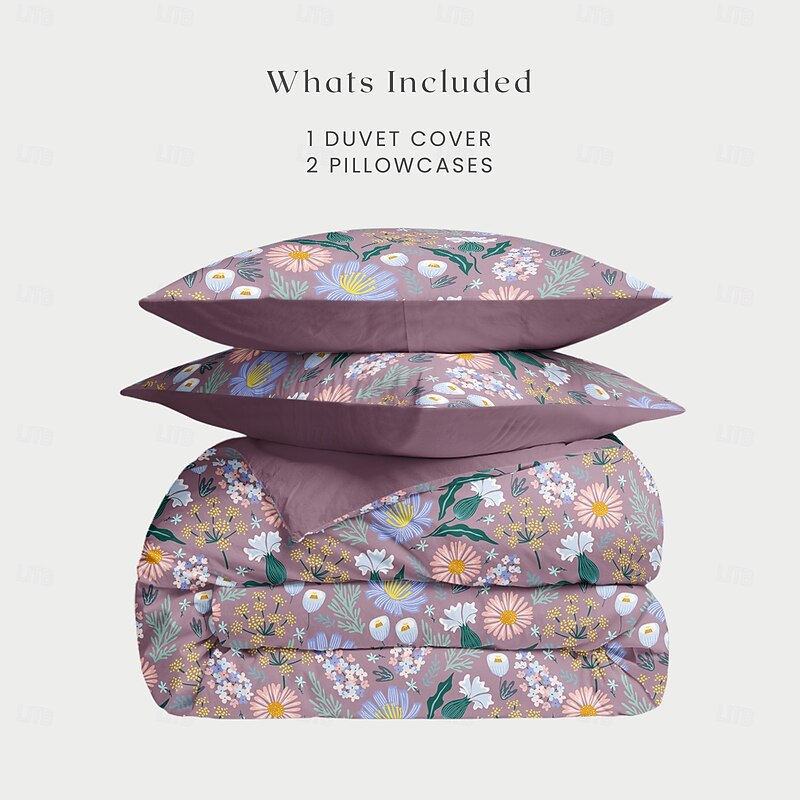 Floral Duvet Cover Full Size Bedding Set Cotton Bed Sets Quilt Cover Soft Lightweight Comforter Cover with 2 Pillowcases for Summer Spring Violet Purple2