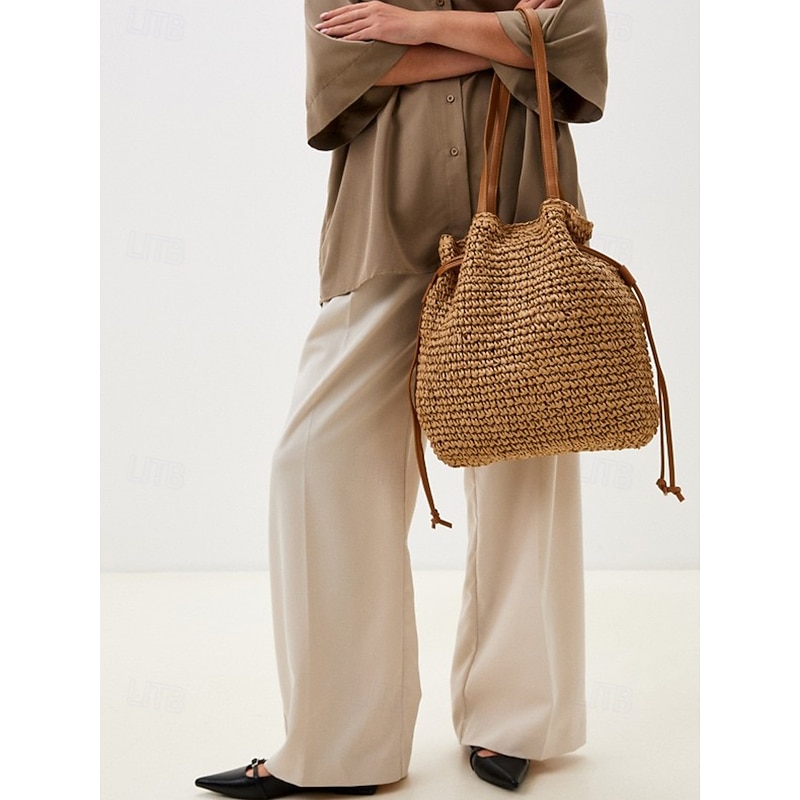 Handwoven Straw Bucket Bag – Boho Drawstring Shoulder Tote, Lightweight Summer Beach Handbag for Women, Casual Vacation & Travel Accessory Color Beige Coffee3