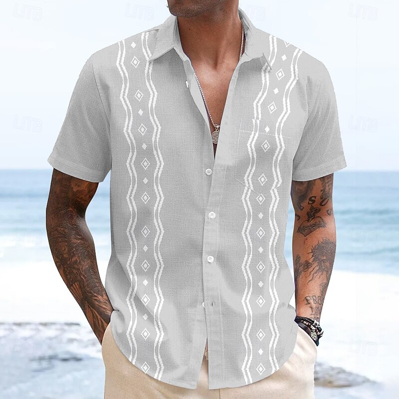 Men's Geometric Shirt Guayabera Shirt Button Up Shirt Short Sleeve Fashion Casual Vacation Dailywear Beach Wear Summer Spring Turndown 3D Print Collared Shirts Front One Pocket White Blue Green Gray4