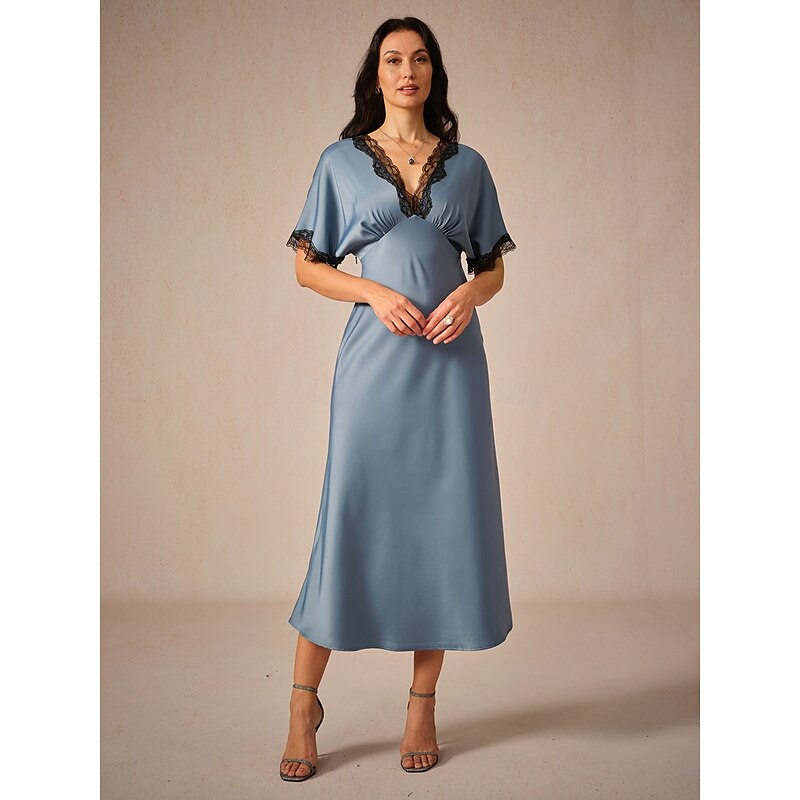 Women's Maxi Dress Sheath Dress Elegant Stylish Wedding Party Daily Loose Fit Solid Color Short Sleeve V Neck Blue Summer4