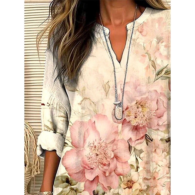 Women's Blouse Tunic V Neck Long Sleeve Boho Casual Tops Floral Basic Regular Tops Daily Buttons Print Apricot2