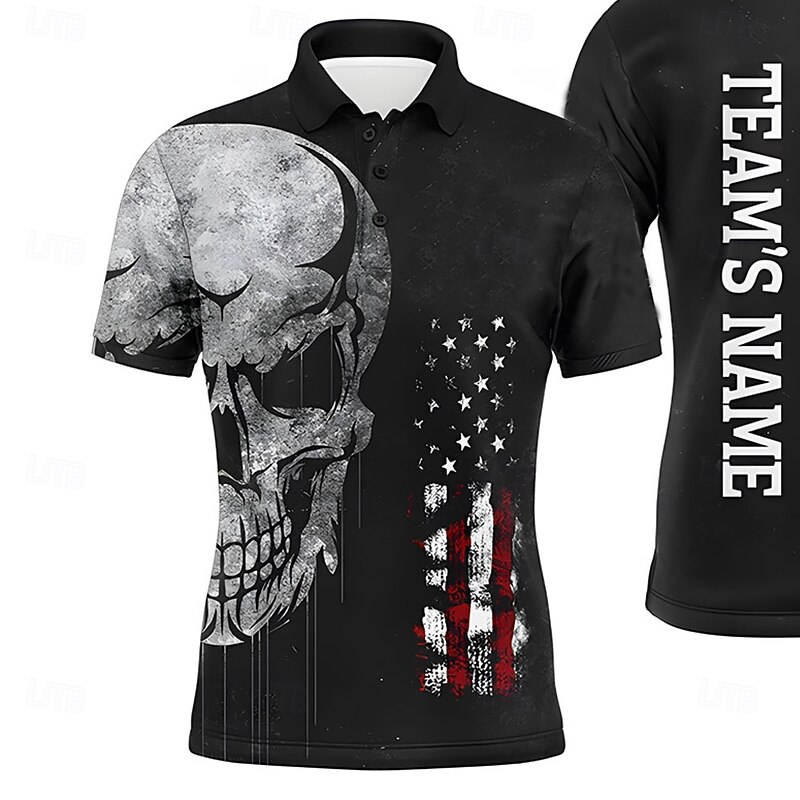 American Independence Day Men's American US Flag Skulls Polo Short Sleeve Polo Shirts Collared Shirts Dark Outdoor Street Daily Wear 3D Print Summer Spring Fall Black2