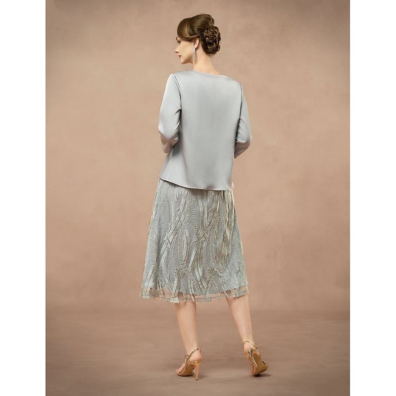 A-Line Mother of the Bride Dress Two Pieces Elegant Jewel Neck Tea Length Lace 3/4 Length Sleeve with Embroidered Lace Applique 20252