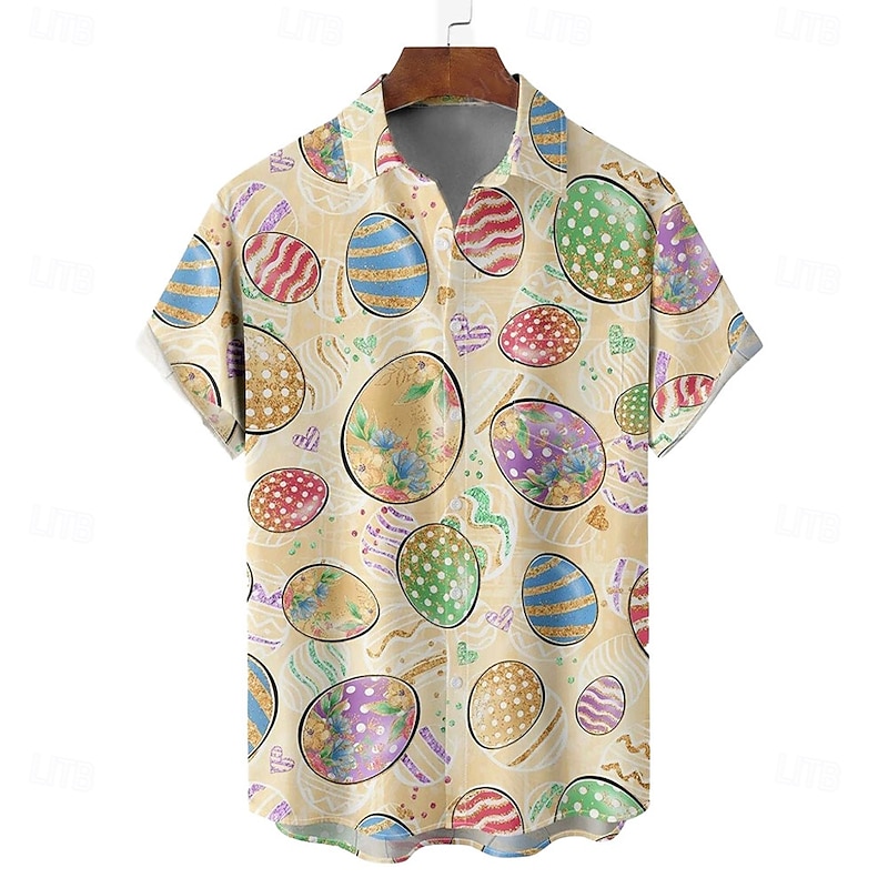 Easter Men's Easter Eggs Shirt Casual Shirt Button Up Shirt Short Sleeve Vintage Retro Vacation Holiday Festival Summer Spring Turndown 3D Print Collared Shirts Front One Pocket Khaki