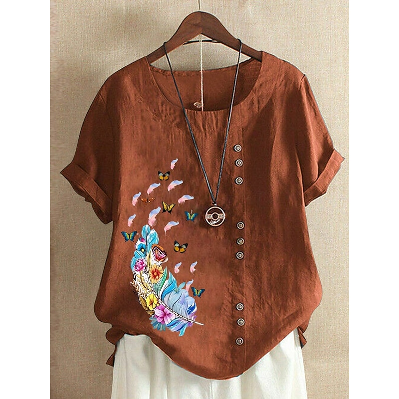 Women's 100% Cotton Blouse Graphic Butterfly Vintage Casual Short Sleeve Crew Neck Regular Tops Daily Going out Buttons Print Maroon White Pink Purple Summer Spring3