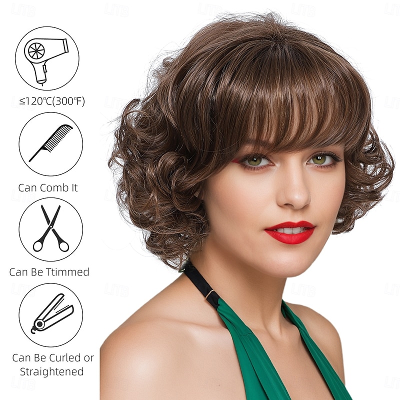 Synthetic Wig Wavy Curly Weave Asymmetrical Neat Bang Machine Made Wig 12 inch A1 Synthetic Hair Women's Classic Comfortable Color Gradient Ombre2