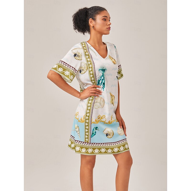 Resort-Style Ocean Print Straight-Cut Dress2