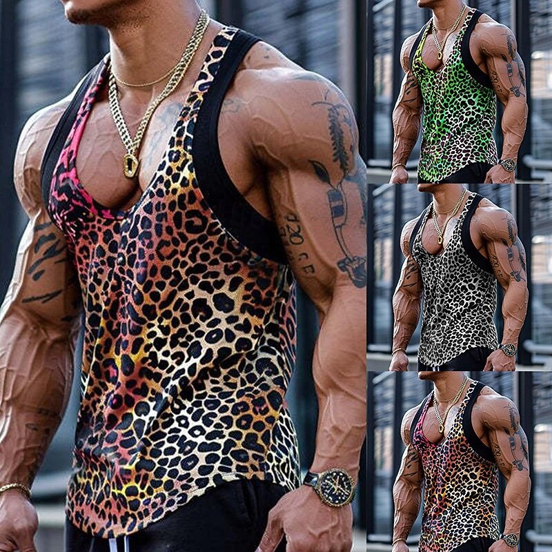 Men's Tank Top Vest Undershirt Sleeveless Shirt Sleeveless U Neck Summer Leopard Fashion Classic Comfortable Crewneck Street Casual Sports Red Green Dark Gray Top Tee for Men