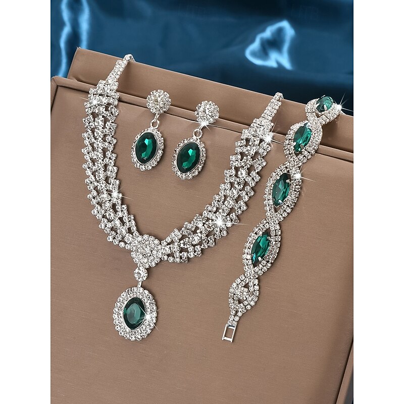 Luxury Green Crystal Jewelry Set for Women – Elegant Necklace, Bracelet & Earrings, Rhinestone Bridal Wedding Accessories for Parties & Formal Events3