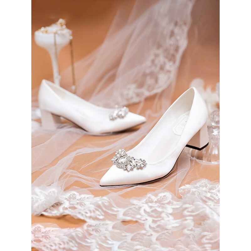 Women's White Block Heel Wedding Pumps – Elegant Bridal Shoes with Crystal Brooch3