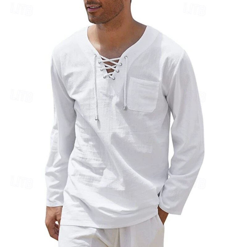 Men's Shirt Popover Shirt Summer Shirt Beach Shirt Plain Vacation Casual White Khaki Long Sleeve Band Collar Spring & Summer Clothing Apparel2