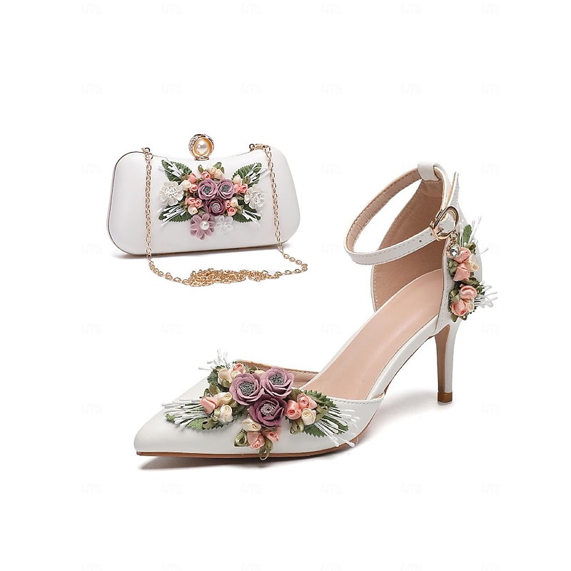 White Floral High Heel Pumps with Matching Clutch – Romantic Wedding & Special Occasion Shoes for Women