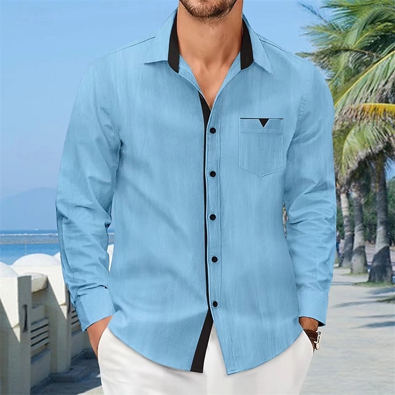 Men's Shirt Summer Shirt Casual Shirt Beach Shirt Button Up Shirt Black White Sky Blue khaki Gray Long Sleeve Plain Lapel Vacation Hawaiian Pocket Clothing Apparel 100% Cotton Fashion Casual3
