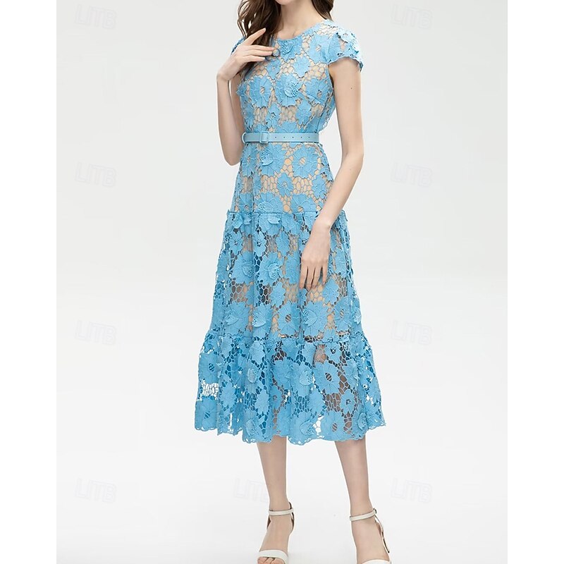 A-Line Cocktail Dresses Elegant Dress Wedding Guest Holiday Tea Length Short Sleeve Crew Neck Lace with Floral Lace2