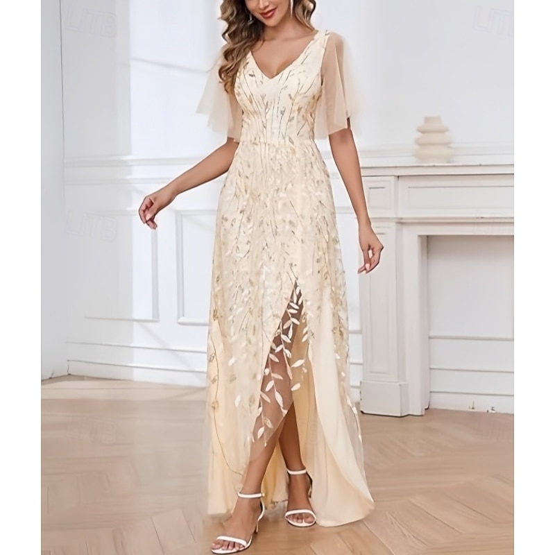 A-Line Wedding Guest Dresses High Low Dress Wedding Guest Asymmetrical Short Sleeve V Neck Fall Wedding Guest Lace with Slit4