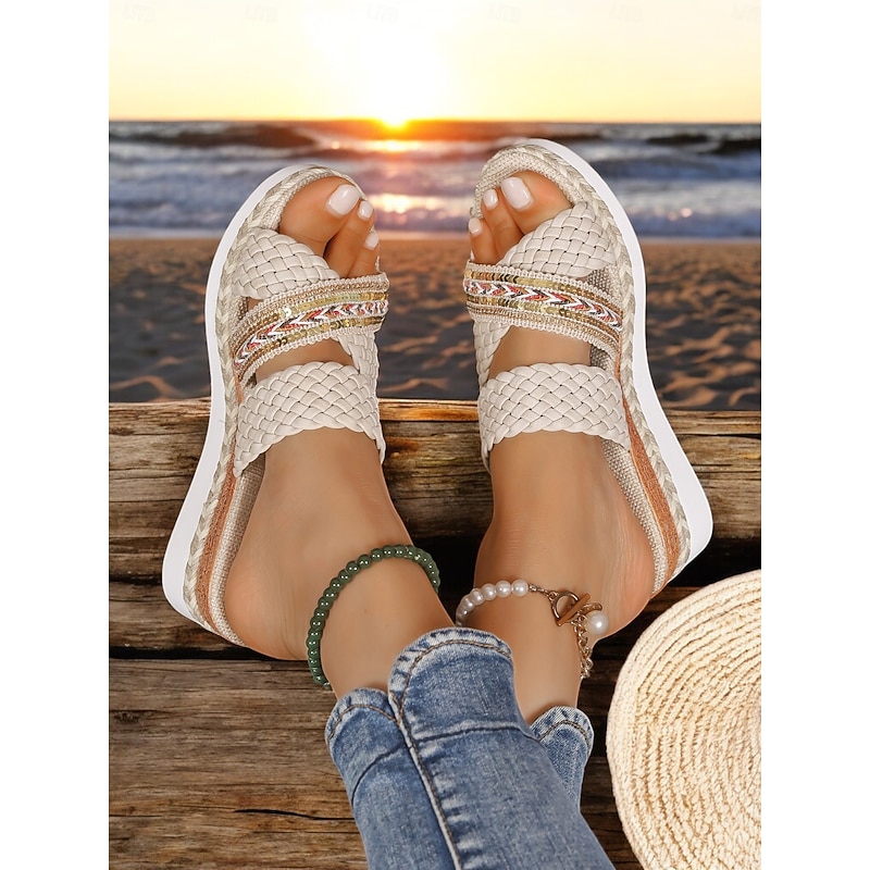 Women's Braided Wedge Sandals – Boho Style Slip-On Platform Sandals with Beaded Detailing for Summer, Beach, and Casual Outfits