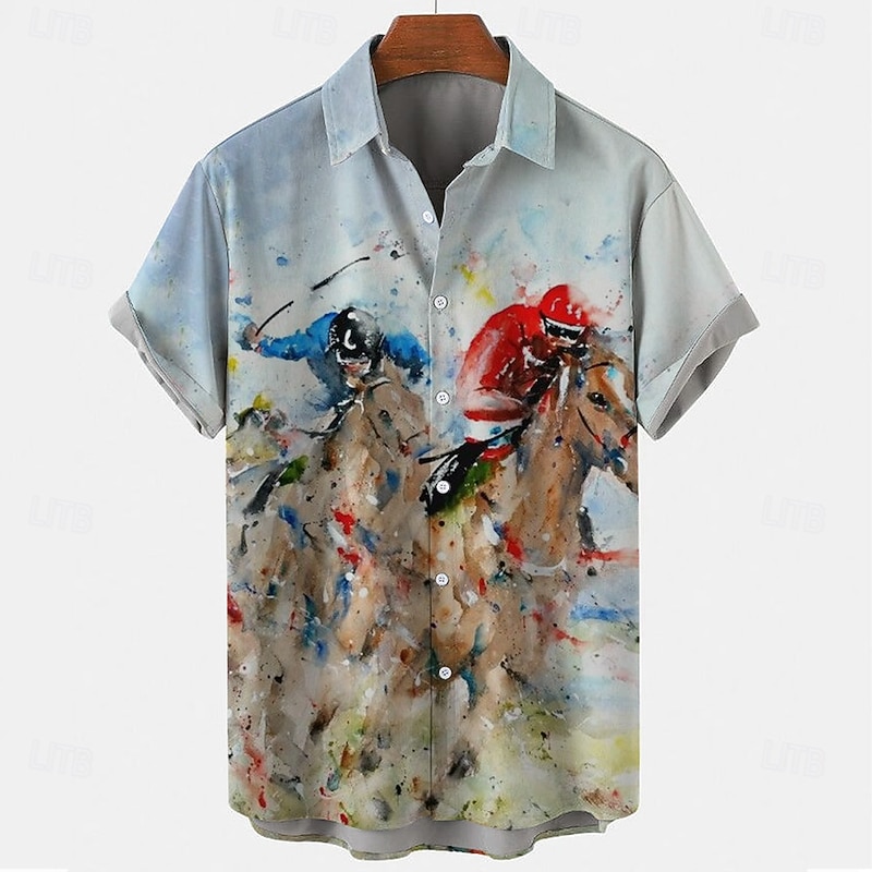 Kentucky Derby Men's Horse Racing Shirt Button Up Shirt Short Sleeve Vintage Retro Holiday Festival Summer Spring Turndown 3D Print Funny Kentucky Derby Shirts Blue Khaki