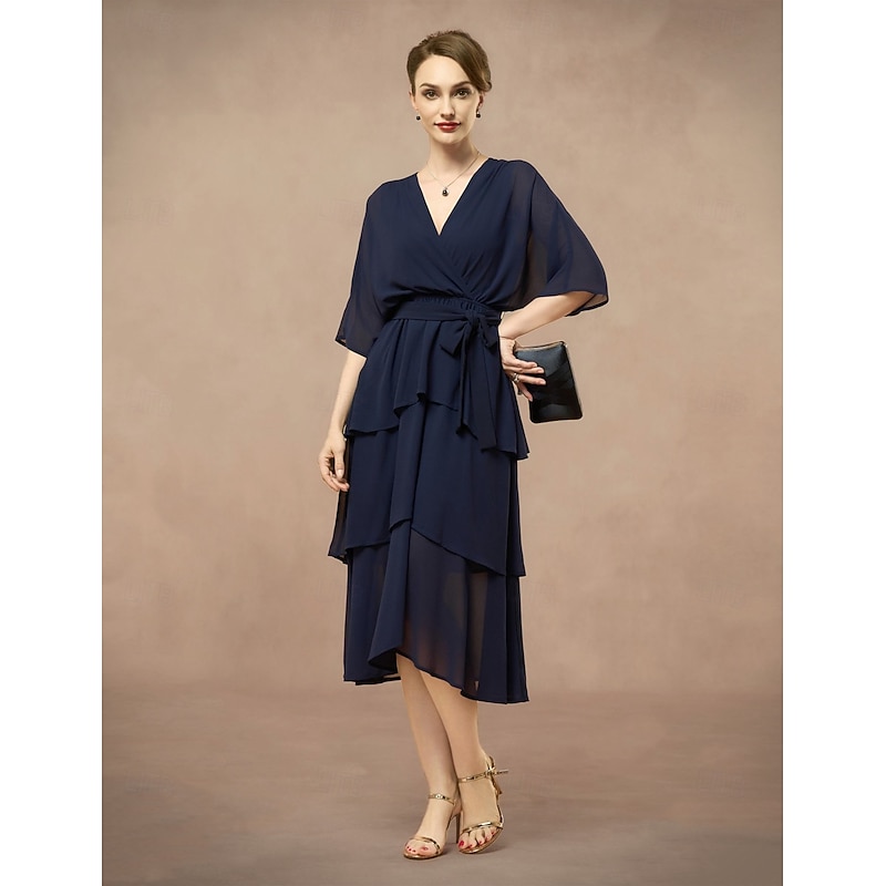 A-Line Mother of the Bride Dress Elegant V Neck Floor Length Chiffon Half Sleeve with Bow(s) Cascading Ruffles Solid Color