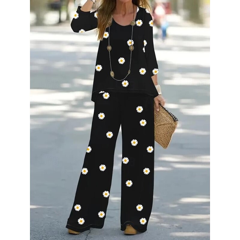 Women's 2 Pieces Basic Neon & Bright Shirt Blouse 3/4 Length Sleeve V Neck Floral Print Casual Linen Like Black Summer Regular Fit