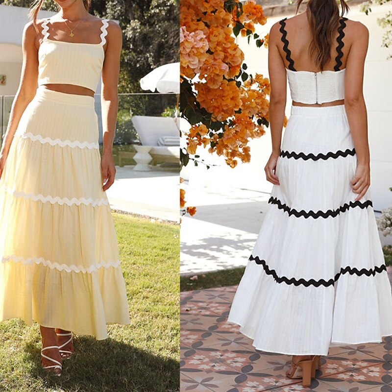 Women's Midi Dress White Dress Graduation Dress Two Piece Dress Fashion Birthday Graduation Date Regular Fit Color Block Sleeveless Spaghetti Strap Light Yellow White Summer2