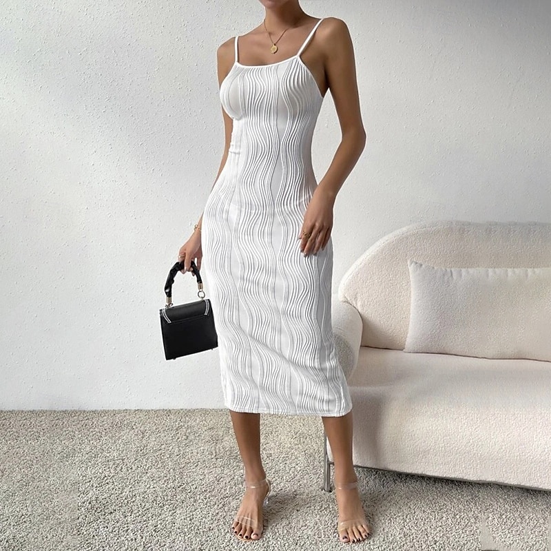 Women's Midi Dress White Dress Graduation Dress Slip Dress Fashion Birthday Date Going out Regular Fit Plain Sleeveless Spaghetti Strap White Summer4