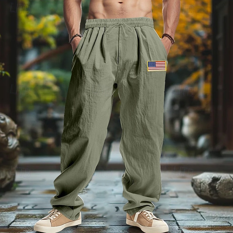 Men's Linen Pants Trousers Summer Pants Baggy Pants Beach Pants Drawstring Elastic Waist Straight Leg Plain Comfort Breathable Full Length Outdoor Casual Daily Fashion Retro Vintage Black Navy Blue2